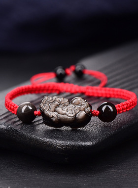 天然黑曜石银曜石貔貅水晶情侣手链一对手绳貔貅手链女手链男