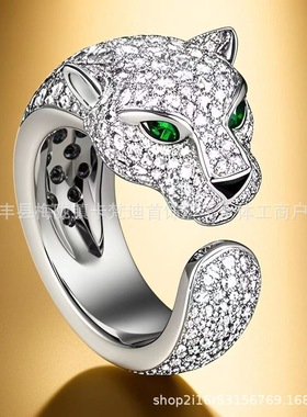 K家CNC精工银镀18K金满钻斑点豹头戒指时尚轻奢个性指环男女猎豹