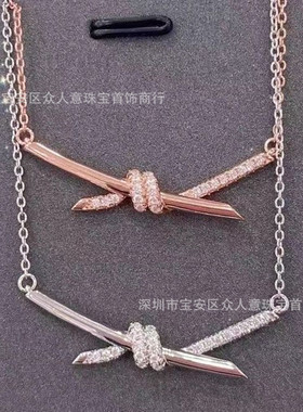 绳结项链925银高版本交叉扭结蝴蝶半钻网红同款小众配饰18k金项链
