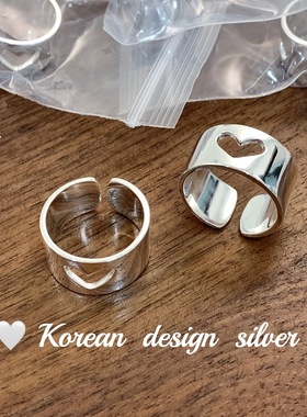 韩国东大门亮银宽版重工指环 S925纯银镂空爱心形开口戒指女