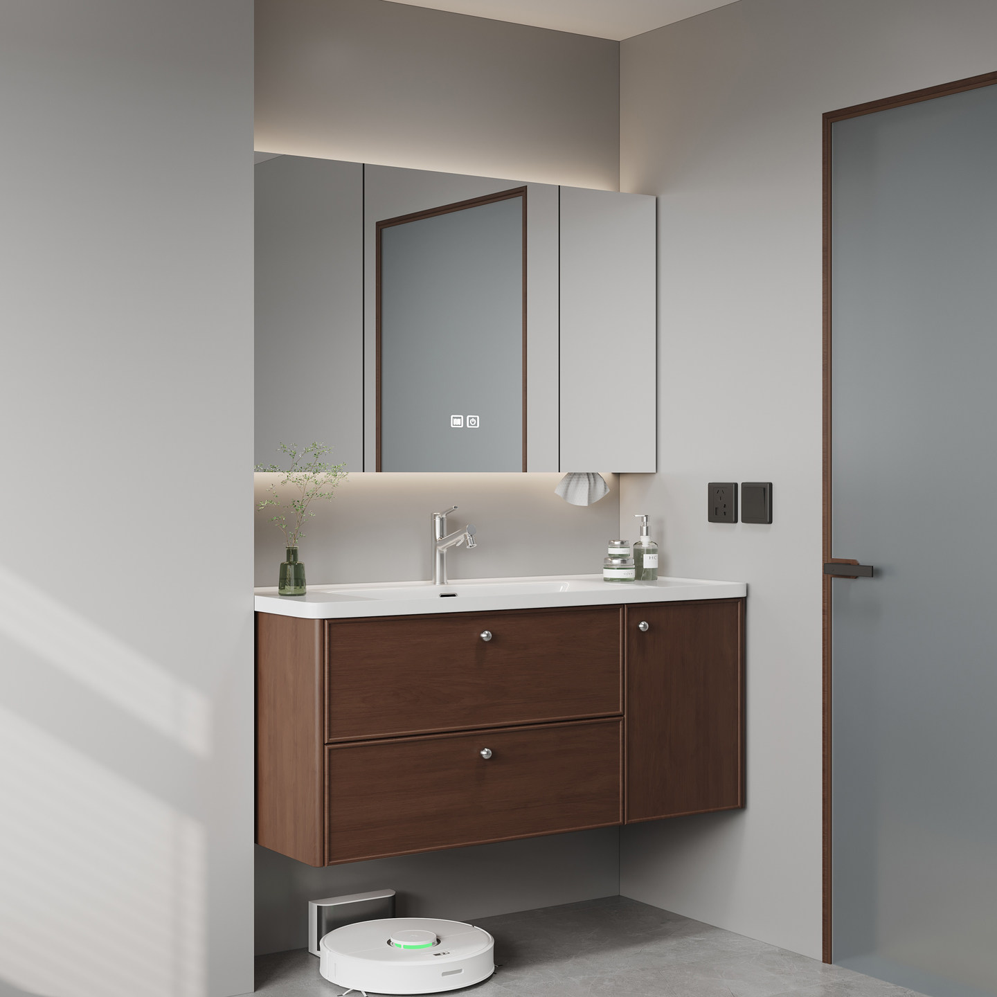 中古风实木烤漆浴室柜陶瓷一体盆组合洗手台智能洗漱台脸盆柜套装