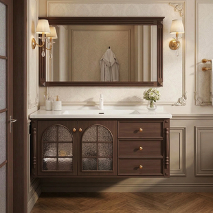 复古橡木浴室柜组合卫生间实木洗漱台洗手盆柜陶瓷一体盆卫浴 法式