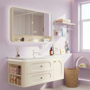 网红奶油风圆角多巴胺浴室柜陶瓷盆卫生间洗漱台侧边收纳洗手脸盆
