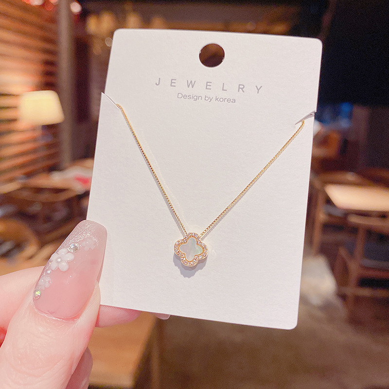 韩国气质百搭微镶贝壳四叶花项链女个性时尚高级感锁骨链吊坠配饰