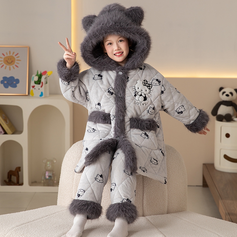 儿童睡衣冬季三层夹棉女童加厚款