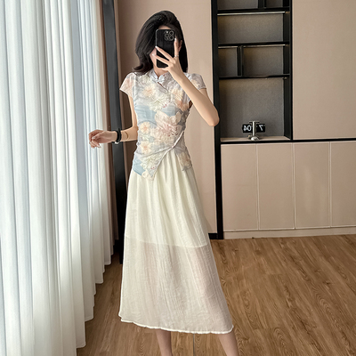 新中式国风改良旗袍连衣裙女夏季2025新款修身气质假两件印花裙子