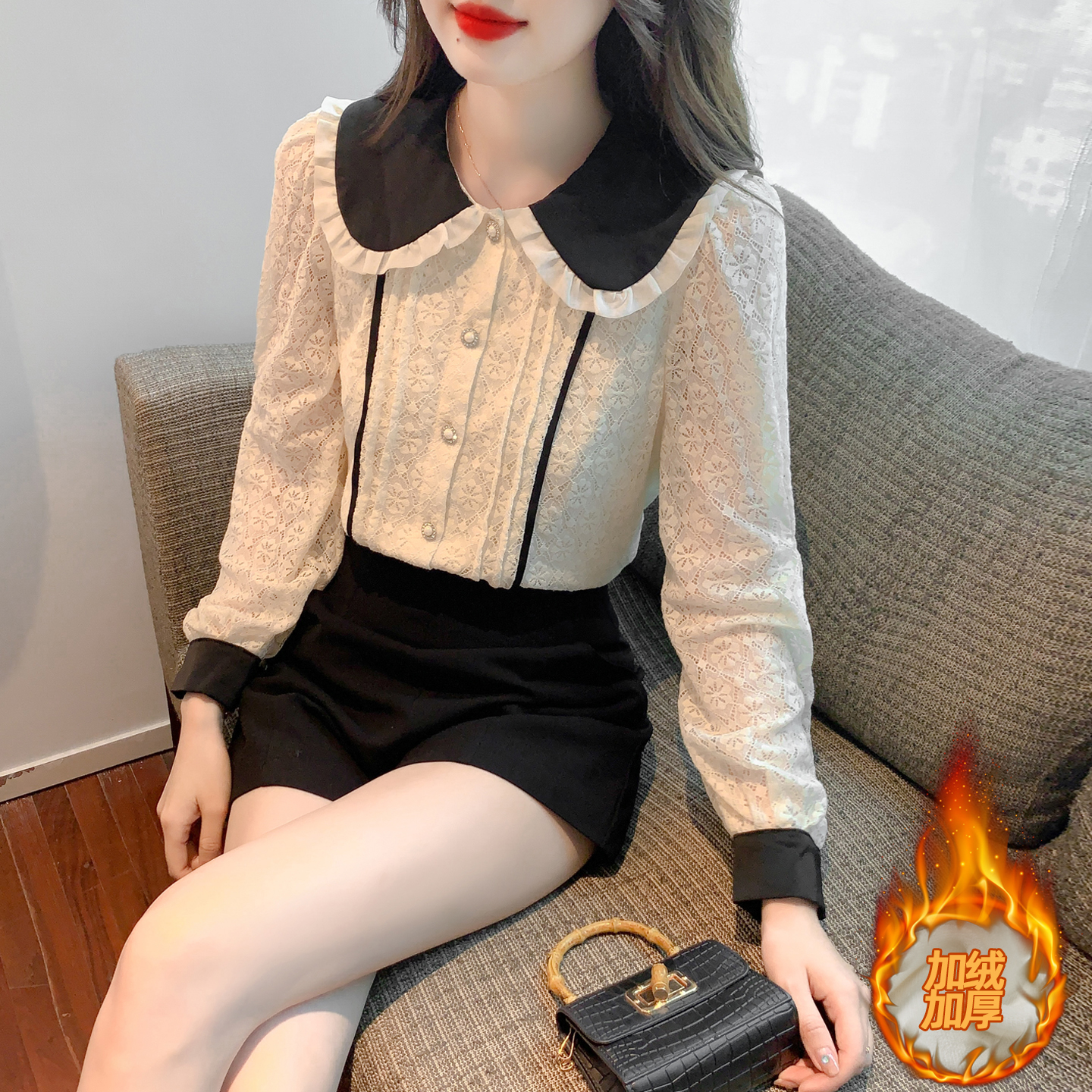 2025年加绒加厚秋冬新款法式娃娃领衬衫女设计感气质蕾丝长袖上衣