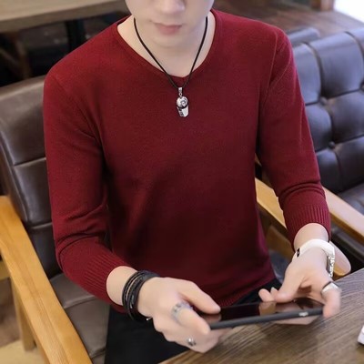 男士V领修身针织打底衫纯色百搭