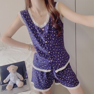带胸垫睡衣女款 夏季 云朵棉甜美小碎花吊带短裤 背心外穿家居服套装