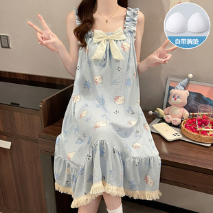 带胸垫一体卡通可爱吊带睡衣夏天中长款 睡裙女夏季 裙子少女家居服