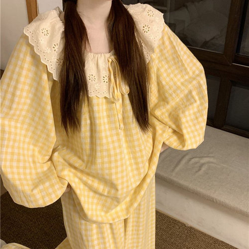 甜美花边格子休闲大码家居服套装