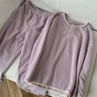 亲肤暖绒睡衣女士春秋冬季长袖长裤纯色简约风雪粒绒家居服可外穿