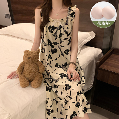 水墨画带胸垫吊带睡裙女款夏季高