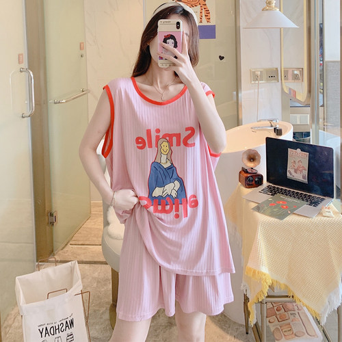 睡衣女夏季无袖背心套装冰丝薄款