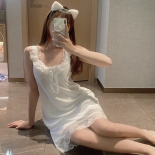 夏季 纯欲风吊带连衣睡裙女带胸垫2025年新款 性感蕾丝花边家居衣服