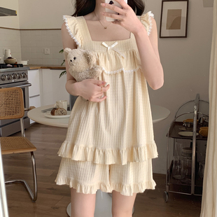 睡衣女夏季无袖吊带背心甜美千鸟格公主风薄款纯棉家居服两件套装