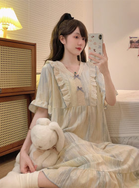 胖MM300斤花边甜美长款孕妇睡衣