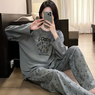 2025新款睡衣女款春秋季纯棉长袖圆领小狗学生秋冬薄款家居服套装