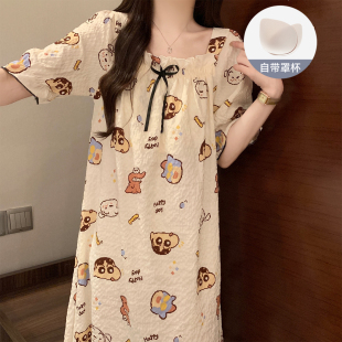 可外穿家居服 连衣睡裙春秋款 带胸垫公主风睡衣女夏季 可爱小新短袖