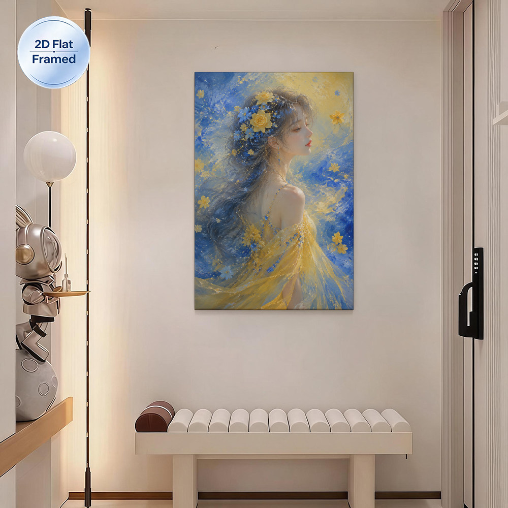 蓝黄唯美少女艺术装饰画现代简约挂画卧室客厅背景墙壁画