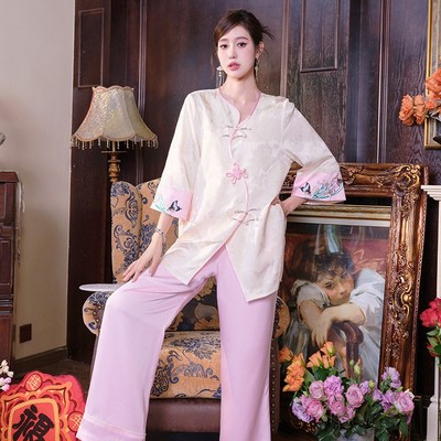 原创新中式国风胸垫睡衣两件套仿真丝冰丝缎面家居服套装可外穿夏