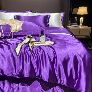 轻奢风紫色真丝四件套夏季凉感冰丝绸贡缎被套床笠款纯色床上用品