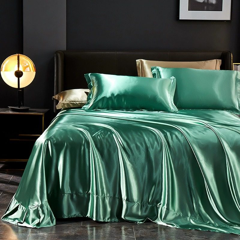 简约风真丝床单单件天丝冬季抹茶绿被单纯色冰丝枕套三件套可定制