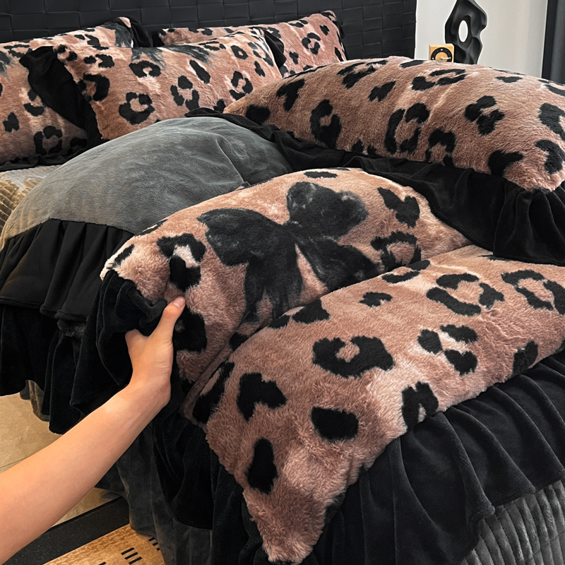 秋冬季a类兔毛绒豹纹被套单件加厚保暖印花边被罩1.8米床盖款床品