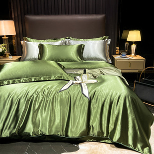 高端军绿色真丝四件套冰丝绸缎纯色被罩天丝床单丝滑裸睡床上用品
