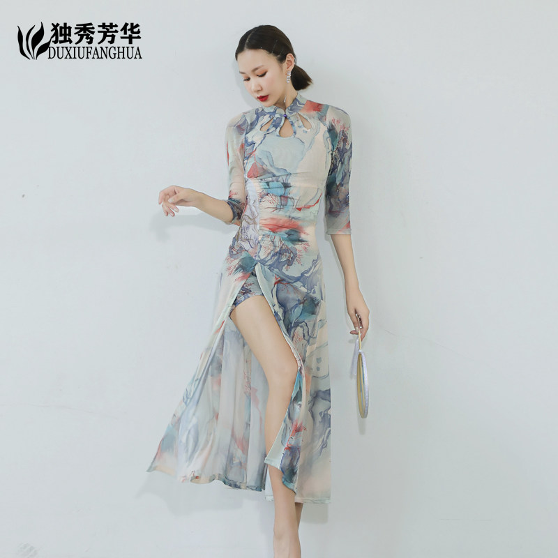 现代舞舞蹈裙侧开衩修身显瘦连衣裙长袖网纱2025新款古典舞演出服 - 实物图