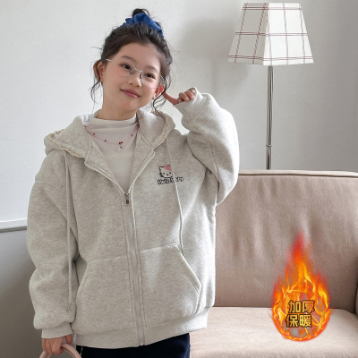 女童外套加绒加厚连帽开衫冬款