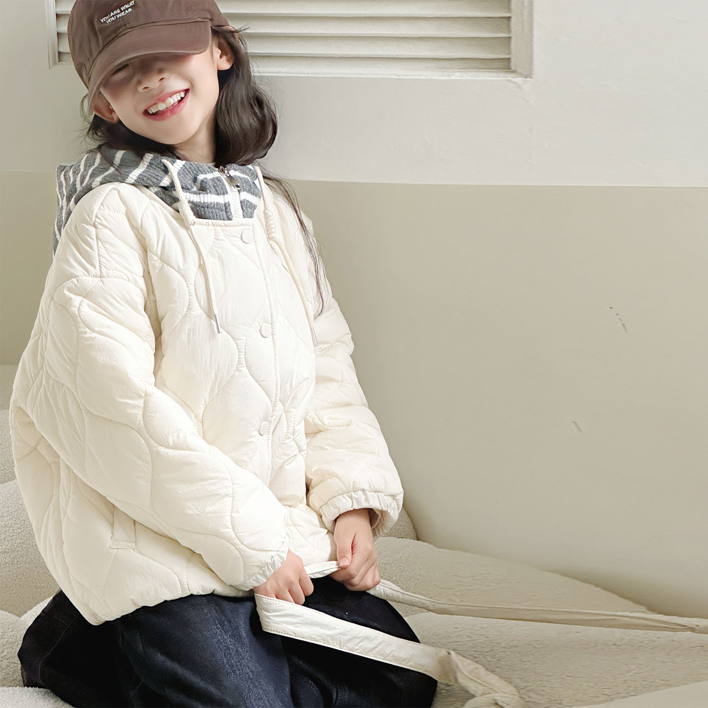 女童棉服外套冬装假两件连帽棉袄
