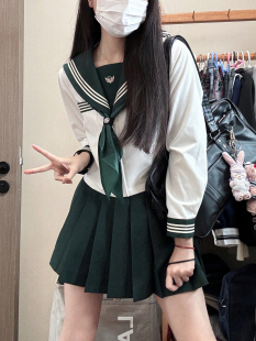车厘子jk原创绿三本水手服女日系学院风基础款 校供制服百褶裙套装
