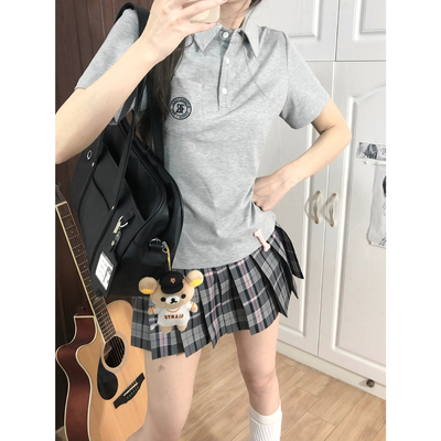 车厘子jk【野球少女】三色原创刺绣收腰学院风弹力poloT恤格裙女