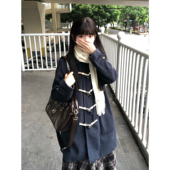 原创日系学院风毛呢外套中长款 车厘子jk 雪雾川 加厚牛角扣大衣