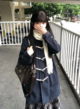 车厘子jk【雪雾川】原创日系学院风毛呢外套中长款加厚牛角扣大衣