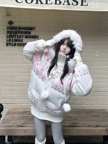 咖喱人费尔岛复古雪花兔子印花毛领连帽棉服外套女秋冬新款面包服