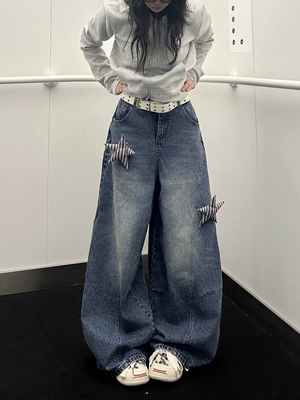 咖喱人秋新款星星贴布水洗弯刀直筒阔腿工装牛仔裤男女街头潮拖地