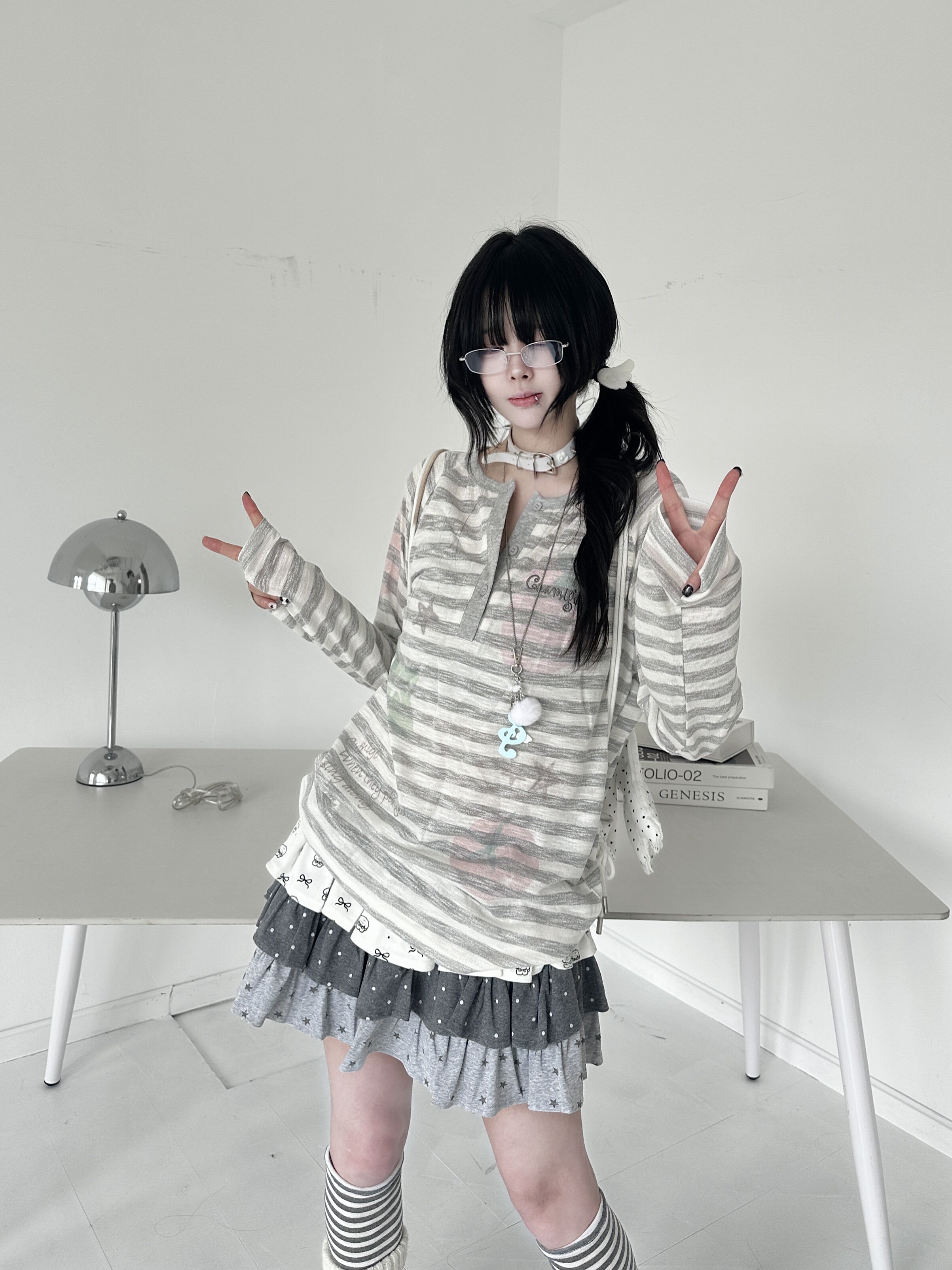 咖喱人复古星星条纹防晒罩衫女夏季新款宽松慵懒风长袖t恤上衣图片