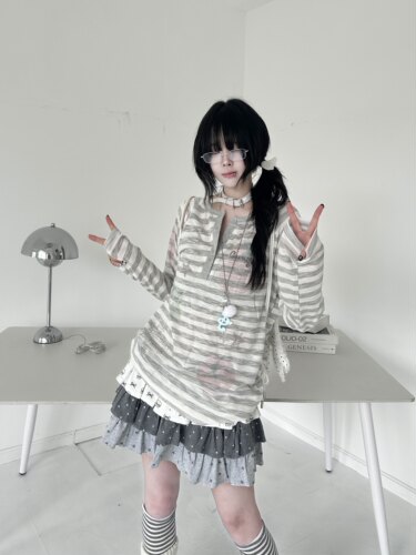 咖喱人复古星星条纹防晒罩衫女夏季新款宽松慵懒风长袖t恤上衣