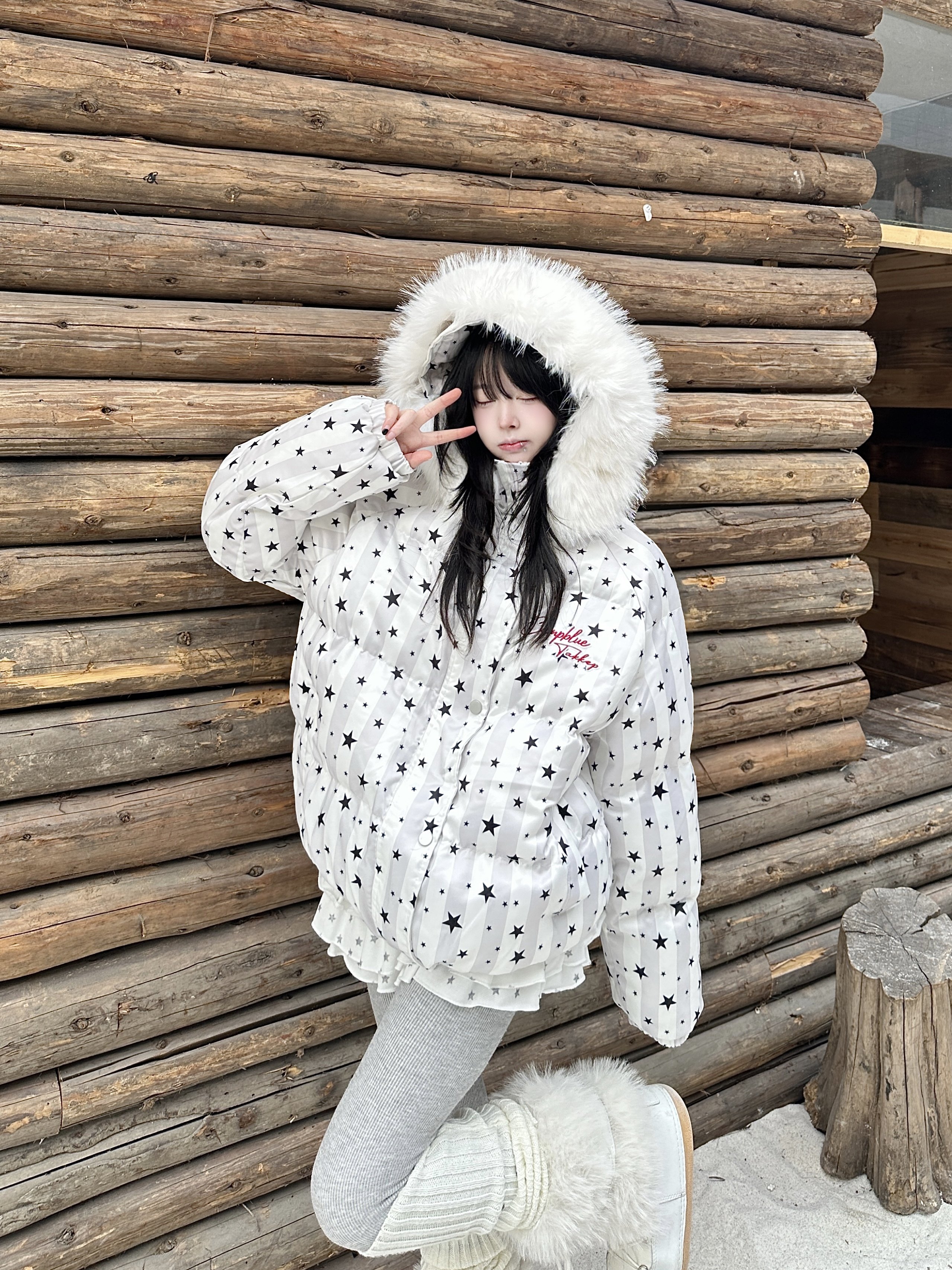 咖喱人韩系星星印花毛领连帽棉服外套女冬季新款加厚保暖面包服潮