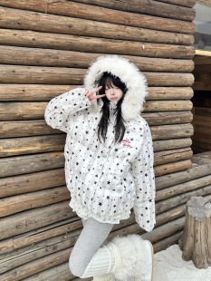 咖喱人韩系星星印花毛领连帽棉服外套女冬季新款加厚保暖面包服潮