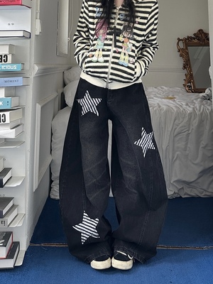 咖喱人美式复古条纹星星刺绣设计感兔耳弯刀牛仔裤男女秋季街头