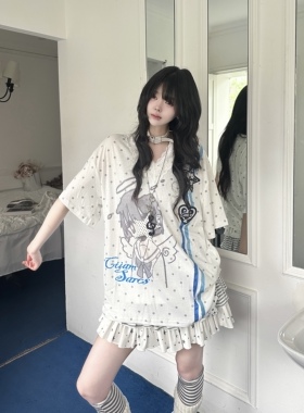 咖喱人亚萌感波点二次元卡通蕾丝V领短袖T恤女轻亚风Y2K宽松上衣