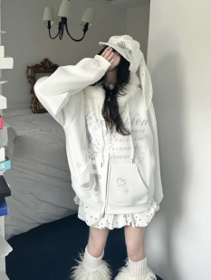 咖喱人复古y2k字母卡通印花毛领连帽卫衣外套宽松休闲慵懒感日韩