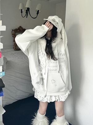 咖喱人复古y2k字母卡通印花毛领连帽卫衣外套宽松休闲慵懒感日韩