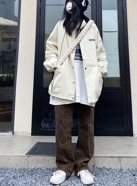 Takeoff咖喱人原创显瘦弧形高腰沙丘棕直筒牛仔裤男女百搭学生潮