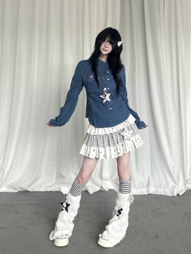 咖喱人y2k格子衬衣星星配饰翻领可爱长袖掐腰显瘦衬衫女秋季