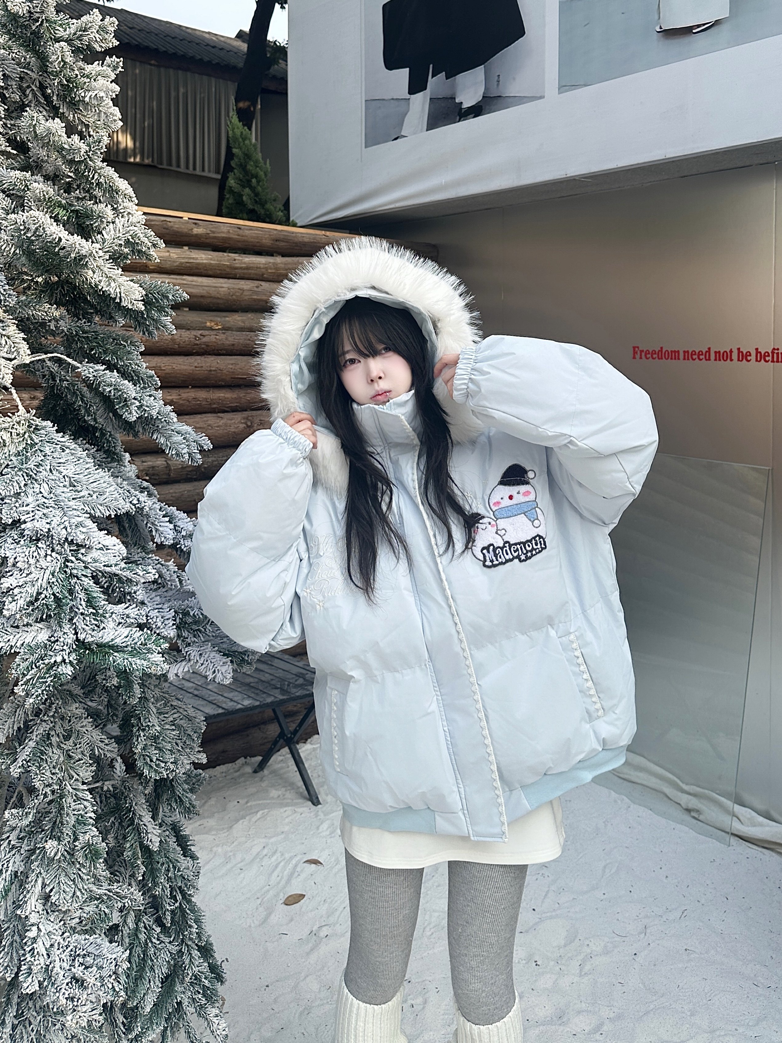 咖喱人冬季新款可爱小雪人印花连帽棉服外套女宽松百搭保暖面包服