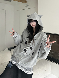 咖喱人秋季新款复古猫耳灰色连帽卫衣开衫华夫格外套刺绣短款上衣